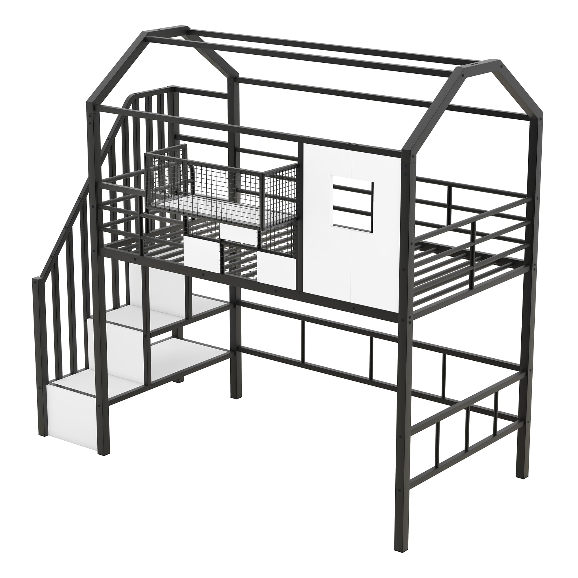 Twin Loft Bed with Storage Stairs, Roof, Window and Guardrail, House Loft Bed Twin Size/Metal Loft Bed with Storage Box, Twin Loft Bed for Kids, Girls Boys, Twin Size House Loft Bed Black