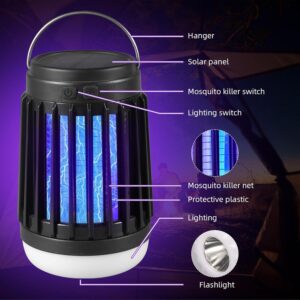 2 Pack Solar Bug Zapper Outdoor Waterproof Mosquito Zapper for Patio Home Camping, 3 in 1 Cordless Mosquito Light Killer Portable Small Bug Zapper - Camping Light, Mosquito Killer, Flashlight (Black)