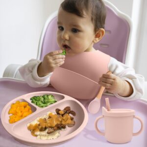 Baby Silicone Feeding Set, 13PCS Baby Self Feeding Set, Toddler Led Weaning Utensils Sets with Suction Bowl and Plate, 2 Set of Baby Spoons and Forks, Adjustable Bid, Sippy Cup with Straw and 2 Lids