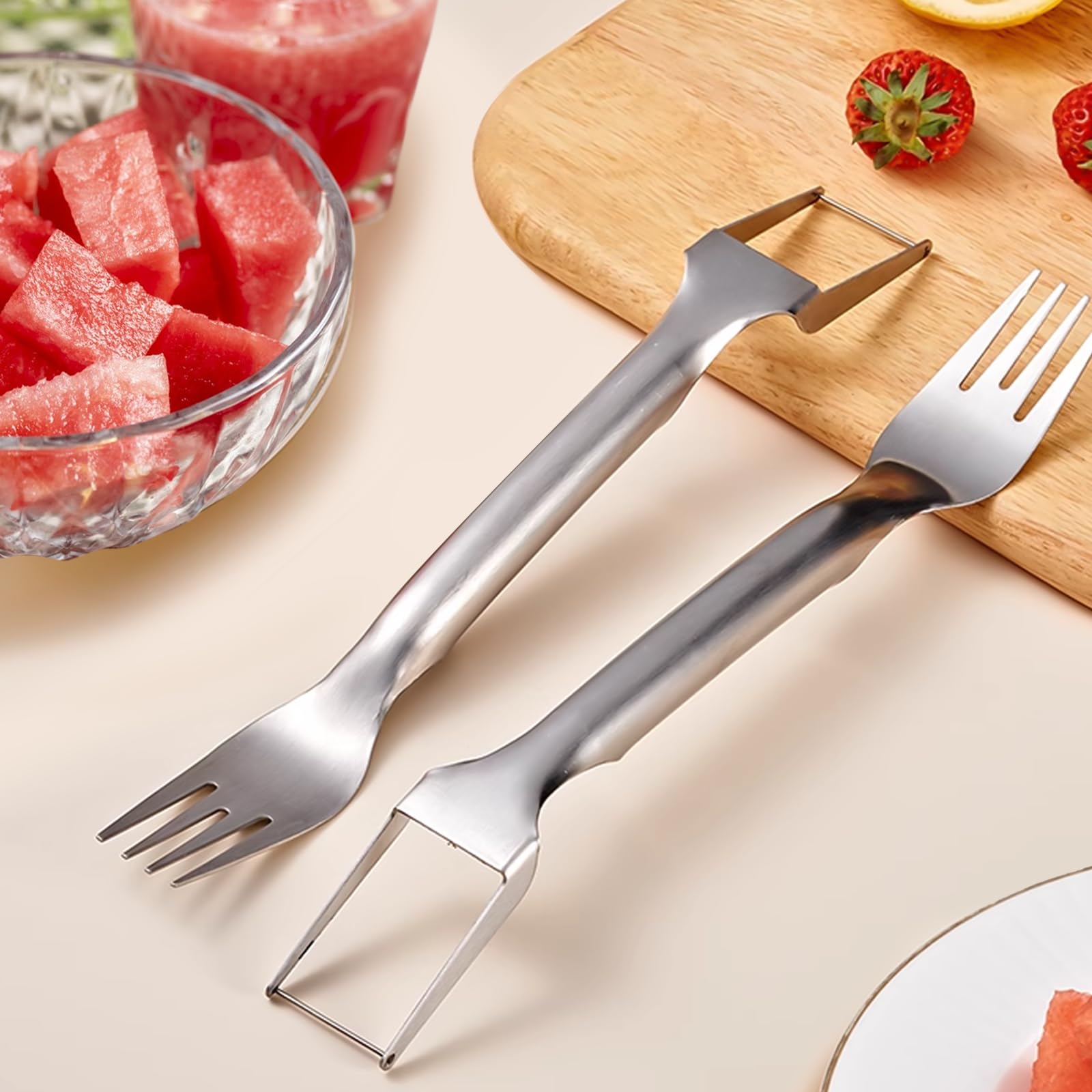 Aixoom 2PCS Watermelon Fork Cutter, 2-in-1 Stainless Steel Cutters, Dual Head Watermelon Slicer Knife, Kitchen Cutter Knife for Family