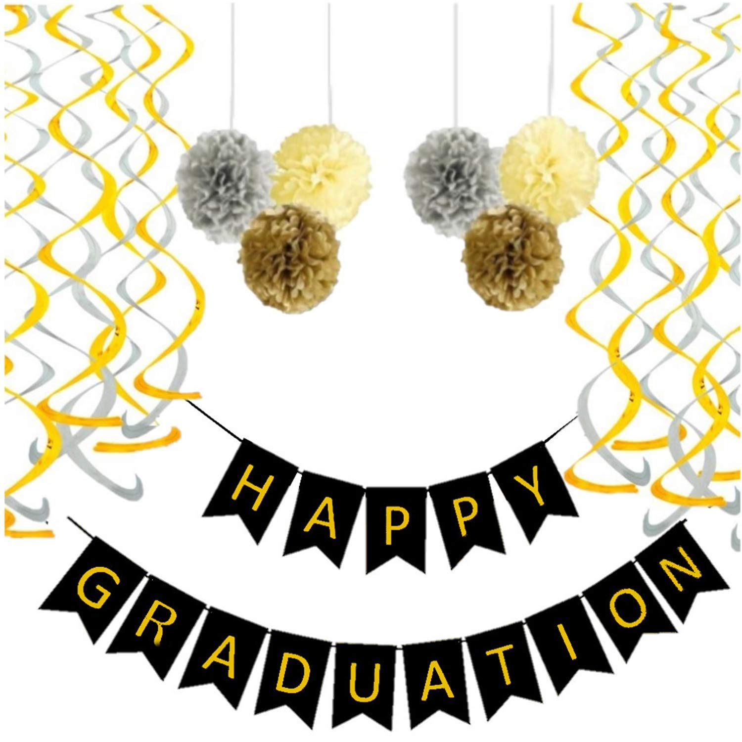 Graduation decorations class of 2024, Happy Graduation Banner with 6 Pom Poms 2 Gold 2 Yellow 2 Sliver, 6 Swirls 3 Gold 3 Sliver, Graduation party decorations 2023, Graduation Party Supplies 2024,