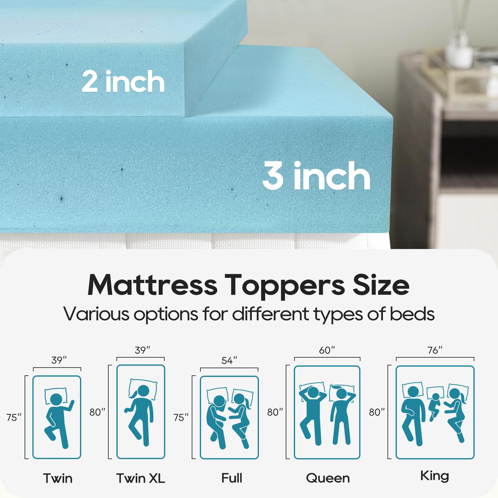 3 Inch Twin Memory Foam Mattress Topper, Cooling Gel Infused Mattress Topper, Ventilated Soft Bed Topper for Pressure Relief Back Pain Suitable for Sleeper Sofa, RV, Camper - CertiPUR-US Certified