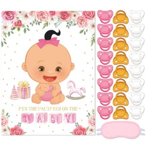 faccito pin the pacifier baby shower games baby shower decoration include baby poster 24 pacifier stickers blindfold floral pin pacifier on baby game for baby shower birthday party supplies(pink)