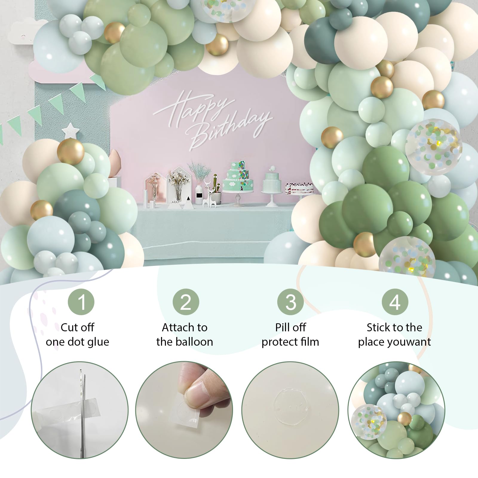 iLaFm 150Pcs Dusty Blue Green Balloon Garland Arch Kit, Ash Mist Green Haze Fog Blue Sand White Gold Balloons for Baby Shower Jungle Safari Woodland Wild One Bridal Birthday Party Decorations