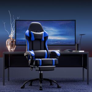 HOTOSYCH Gaming Chair, Ergonomic Video Game Chair for Adults, Comfortable Computer Chair with Footrest and Lumbar Support, Height Adjustable Gamer Chair for Office 350LBS, Blue