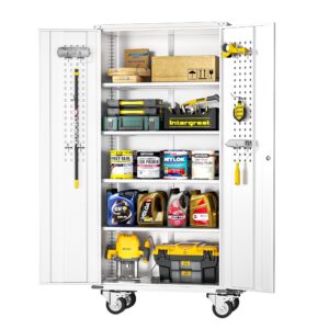 intergreat 72" metal garage storage cabinet with wheels, white steel locking cabinet with 2 adjustable shelves and doors, rolling metal tool cabinet for home, office, school, garage