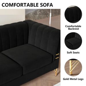 mikibama Modern Velvet Sofa, 83 Inch Chesterfield Sofa Couch, Luxury 3 Seater Comfy Couch with Gold Metal Legs for Living Room, Bedroom, Apartment (Black)