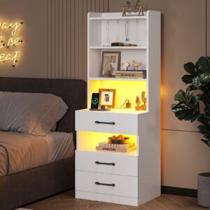 VIAGDO Tall Nightstand with Charging Station and LED Lights, Large White Night Stand with Bookshelf, Modern LED Bedside Table with 3 Drawers and Storage Shelves, End Side Table for Bedrooms, Dorms