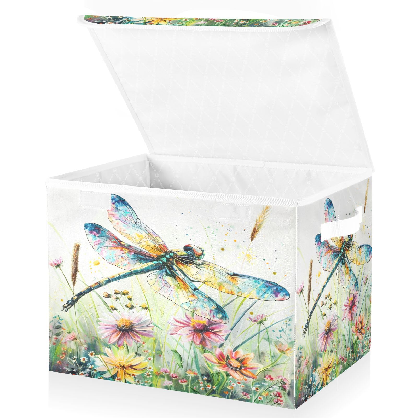 senya Baskets Collapsible Storage Bins with Lids, Dragonfly Wildflowers Painting Storage Boxes Clothes Baskets for Organizing, B06D22020