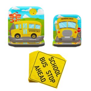 blue orchards school bus party plates and napkins (60 pieces for 20 guests) - school bus party supplies, school bus birthday plates and napkins, school graduation decorations