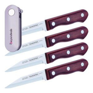 tramontina paring knife 3 inch, stainless steel blade, ergonomic redwood handle, precision cutting & peeling - bundle with foldable kitchen peeler, durable & rust-resistant [pack of 4]