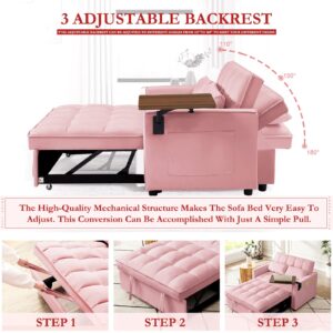 ROCKINGRUN 3 in 1 Velvet Pull Out Sofa Bed with Hidden Side Table, Convertible Loveseat Sleeper with 3 Speed Adjustable Backrest and Side Pockets, Tufted Futon Couch for Living Room Bedroom (Pink)