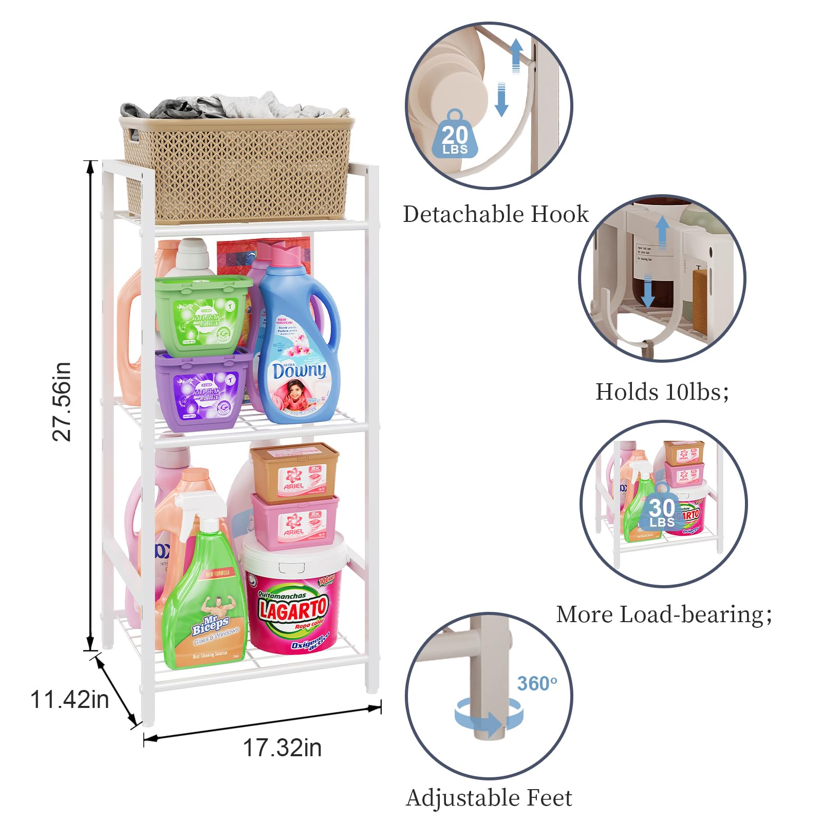 3 Tier Laundry Room Shelves,Multifunctional Shelving Units and Storage with 4 Bottles Storage Hooks and 2 Small Towel Hooks,Bearing Stronger Standing Shelf,White Laundry Room Organization Floor Shelf