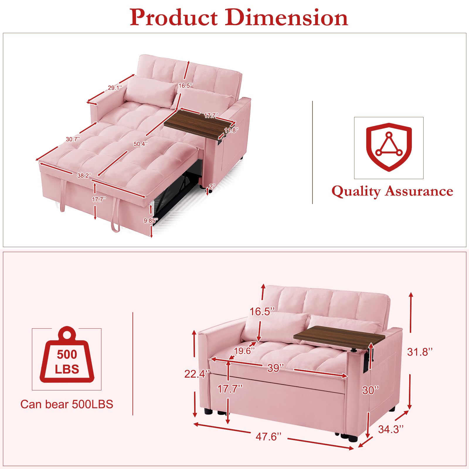 ROCKINGRUN 3 in 1 Velvet Pull Out Sofa Bed with Hidden Side Table, Convertible Loveseat Sleeper with 3 Speed Adjustable Backrest and Side Pockets, Tufted Futon Couch for Living Room Bedroom (Pink)