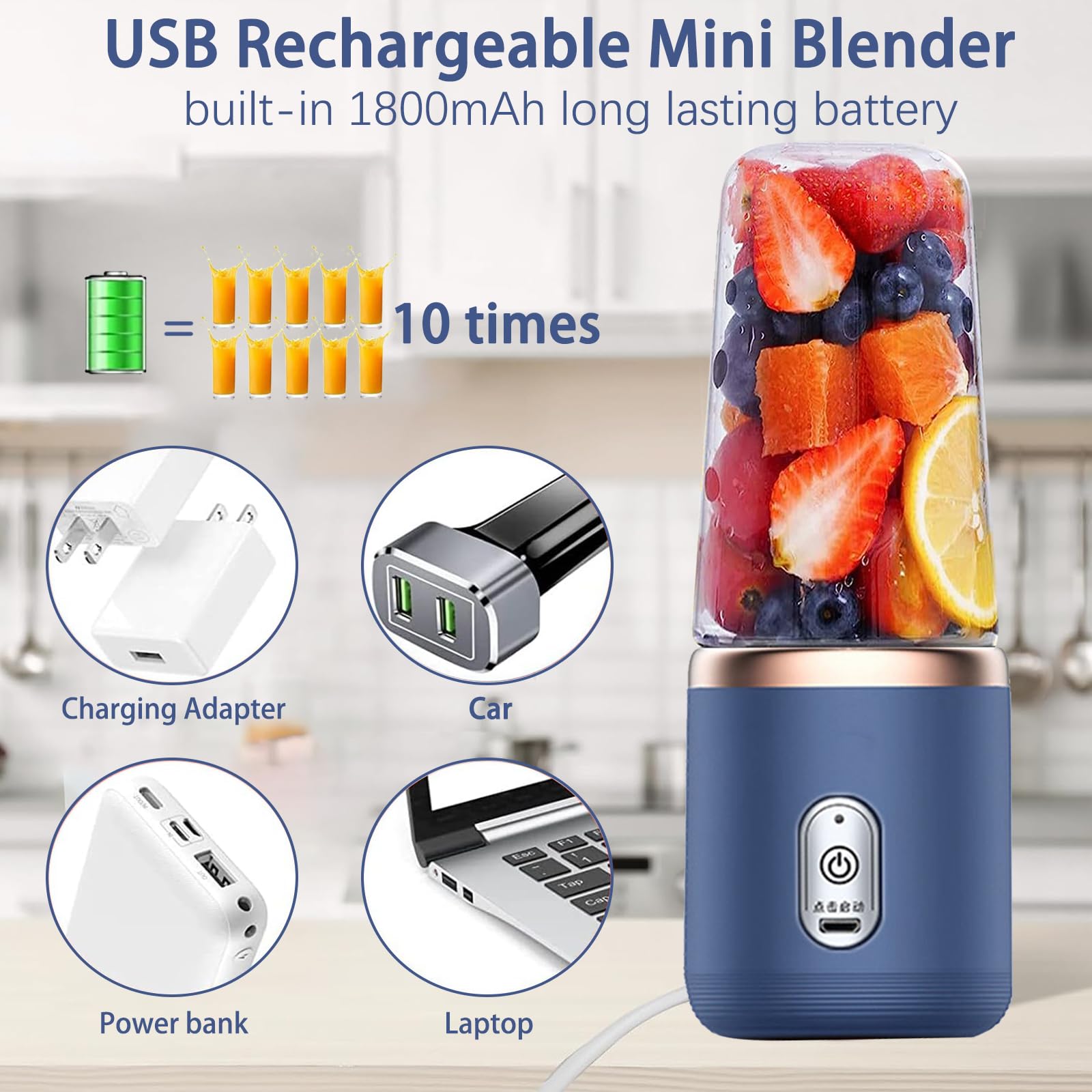 Portable Blender, Personal Blender for Shakes and Smoothies with Travel Lid, 400ML USB Rchargeable Mini Blender Fruit Juicer Cup with 6 Blades, Portable Smoothie Blender for Kitchen,Home,Travel