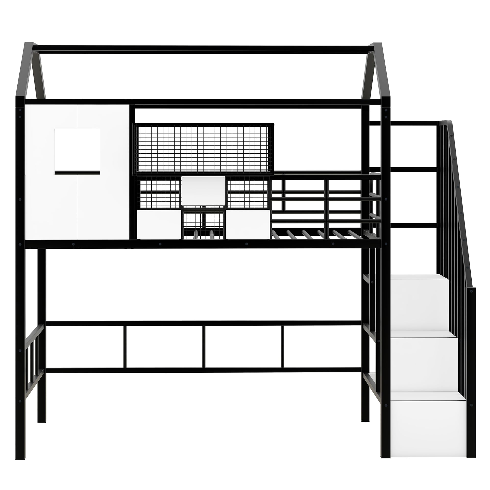 Twin Loft Bed with Storage Stairs, Roof, Window and Guardrail, House Loft Bed Twin Size/Metal Loft Bed with Storage Box, Twin Loft Bed for Kids, Girls Boys, Twin Size House Loft Bed Black