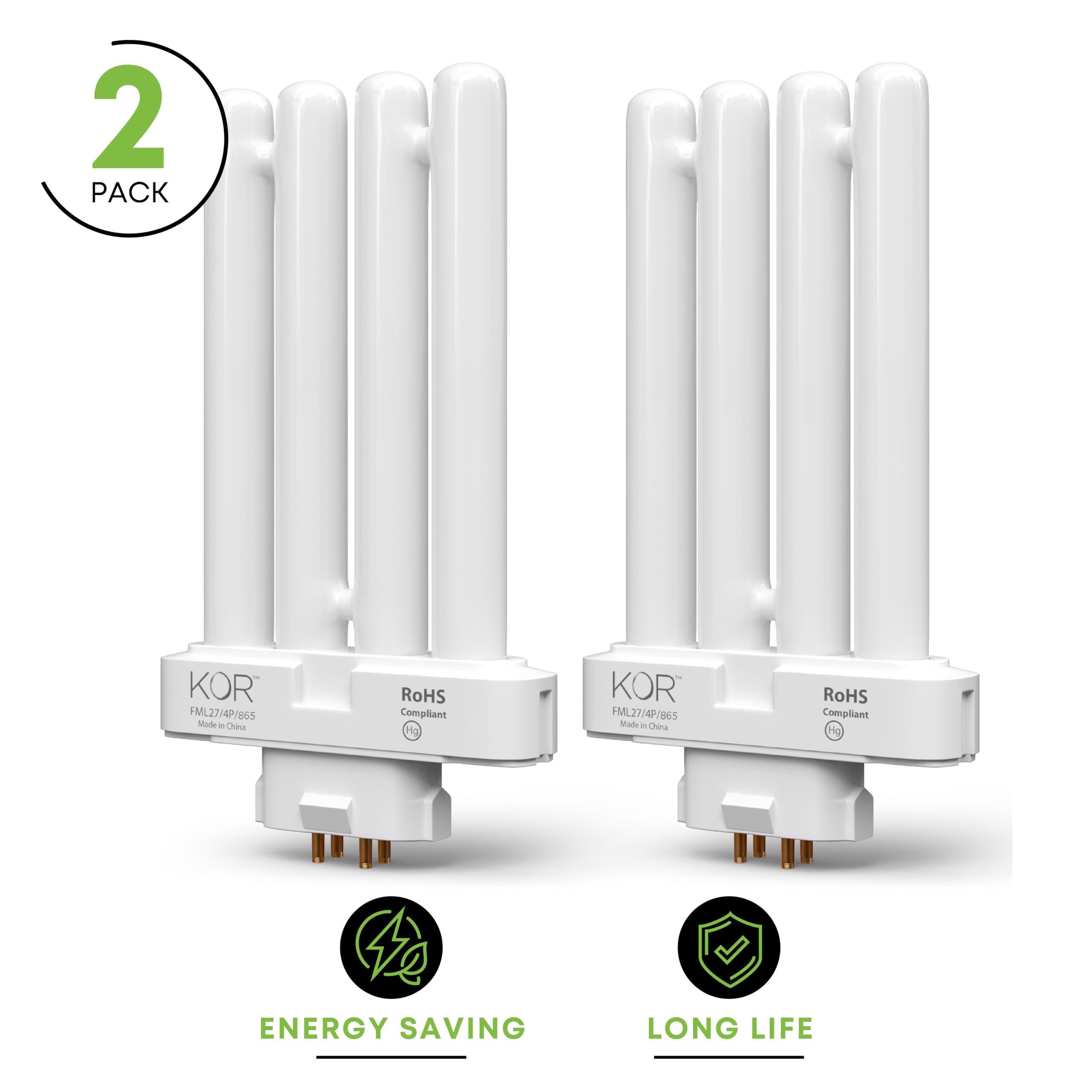 KOR Pack of 2 - FML27-65K Light Bulbs 27 Watt 4 Pin FML Lamp Replacement Bulb 6500K Natural Spectrum Daylight CFL 27W Plugin GX10Q-4 Base