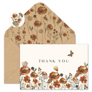 whaline 50 pack fall floral thank you cards vintage autumn wildflower greeting cards with kraft envelope stickers retro floral blank note cards for wedding birthday bridal baby shower