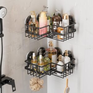 leverloc angle-adaptive suction cup shower caddy with hooks, heavy duty stainless steel shower basket organizer for bathroom, drill-free removable rustproof shower rack, black, 2 pack