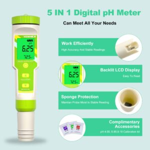 Yewhick Pool Salt Tester pH Meter, Digital 5 in 1 pH EC TDS Temp Salinity Tester for Saltwater Pool Hot Tubs Spa Aquarium, pH and EC PPM Meter for Nutrients Growing