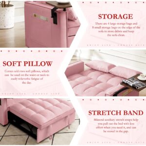 ROCKINGRUN 3 in 1 Velvet Pull Out Sofa Bed with Hidden Side Table, Convertible Loveseat Sleeper with 3 Speed Adjustable Backrest and Side Pockets, Tufted Futon Couch for Living Room Bedroom (Pink)