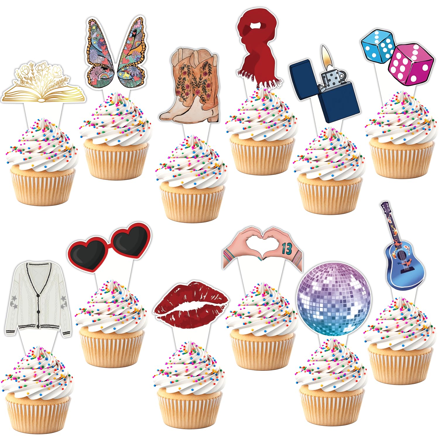 24 Pcs Popular Happy Birthday Era's Party Decorations Cupcake Toppers, Super Star Birthday Party Cake Decorations for Fans Celebration Party, Guitar Themed Party Supplies for Bachelorette Decorations