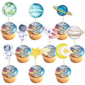 Ephlyn 36Pcs Space Astronaut Cupcake Toppers Planet Rocket Spaceship Trip to the Moon Star Cupcake Food Picks Universe Outer Space Theme Baby Shower Kids Birthday Party Supplies Blue