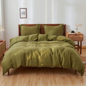 generic olive green color linen duvet cover 3 pcs set, custard boho bedding duvet cover uo bedding washed duvet cover queen king twin double bedding set linen duvet cover set (california king 98x104)