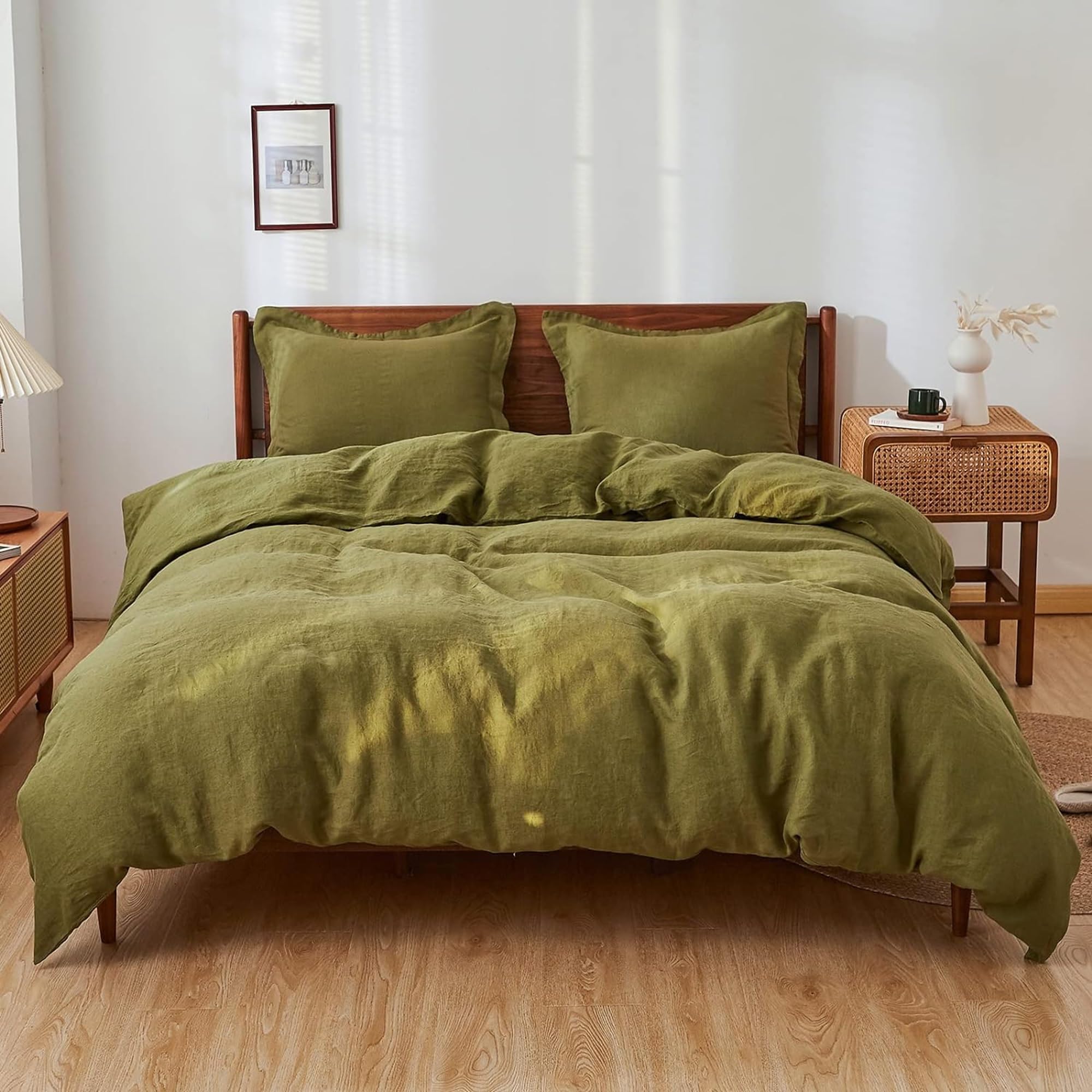 Generic Olive Green Color Linen Duvet Cover 3 PCS Set, Custard Boho Bedding Duvet Cover Uo Bedding Washed Duvet Cover Queen King Twin Double Bedding Set Linen Duvet Cover Set (California King 98X104)