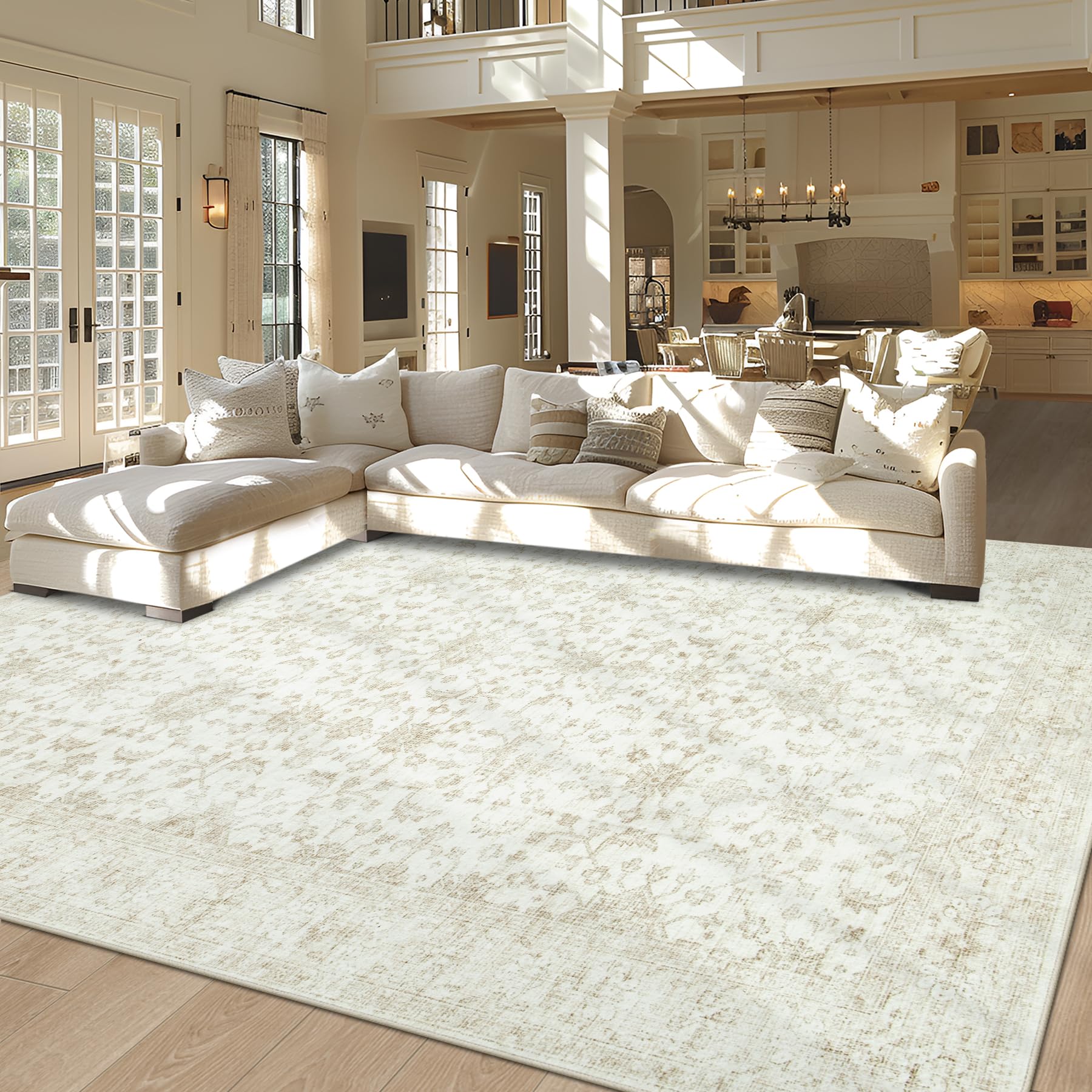 Area Rug 9x12 Living Room Rug, Soft Vintage Washable Rug with Anti-Skid Backing Stain Resistant Thin Indoor Carpet Large Area Rug for Bedroom Under Dining Room Table Nursery-Light Beige