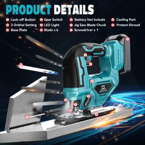 Jig Saw for Makita 18V Battery, Cordless Jigsaw Tool Brushless Motor, Variable Speed, Bevel Angle (0°-45°), LED Light with 3 Position Orbital Setting for Straight/Curve/Circle/Cutts (No Battery)