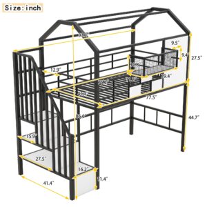 Twin Loft Bed with Storage Stairs, Roof, Window and Guardrail, House Loft Bed Twin Size/Metal Loft Bed with Storage Box, Twin Loft Bed for Kids, Girls Boys, Twin Size House Loft Bed Black