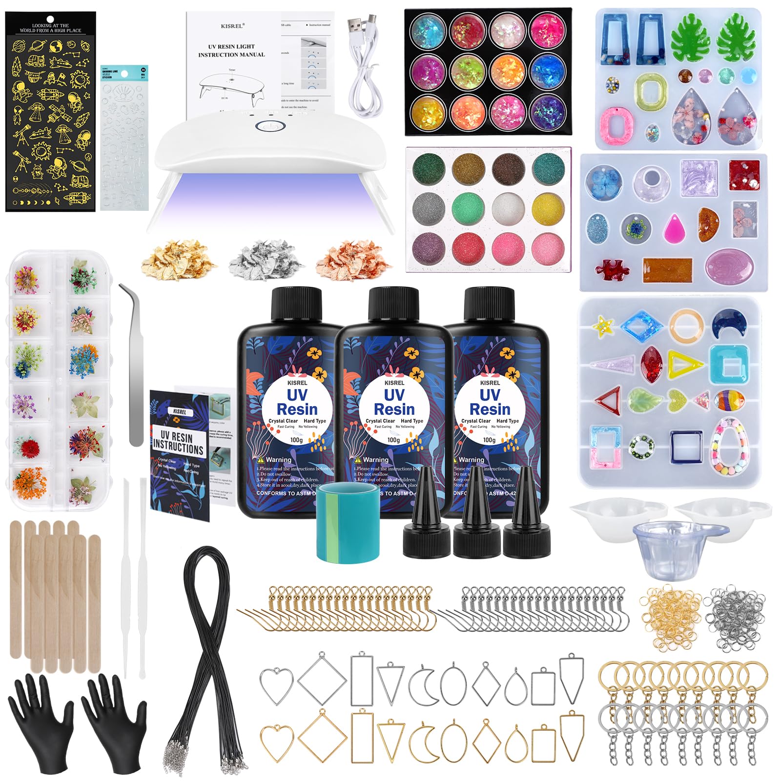 UV Resin Jewelry Making Kit, 300g Crystal Clear Resin with Light and Molds, DIY Jewelry Making Resin Kit, Resin Starter Kit for Keychain and Earring Making