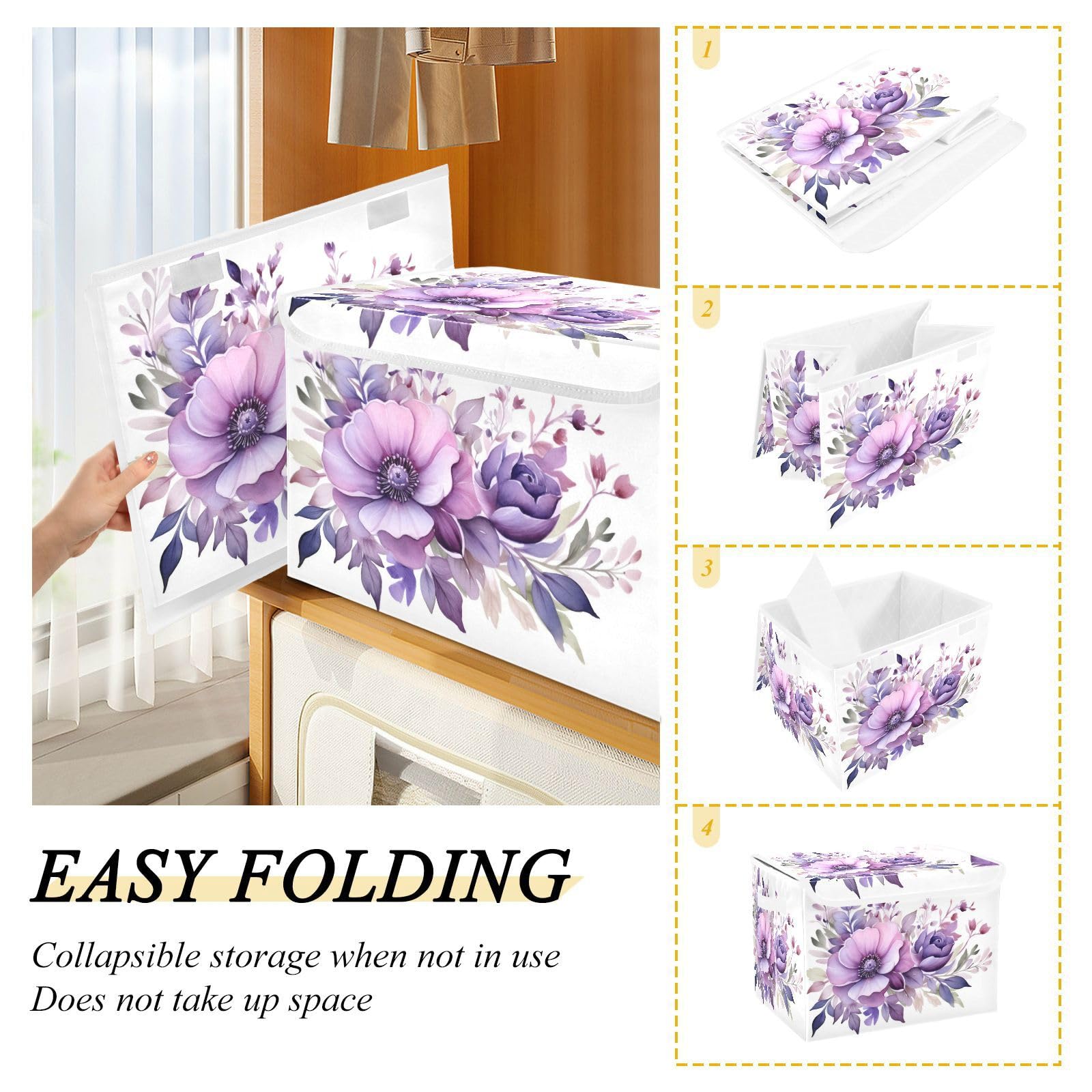 senya Baskets Collapsible Storage Bins with Lids, Purple Rose Leaves Storage Boxes Clothes Baskets for Organizing