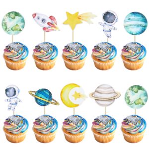 ephlyn 36pcs space astronaut cupcake toppers planet rocket spaceship trip to the moon star cupcake food picks universe outer space theme baby shower kids birthday party supplies blue