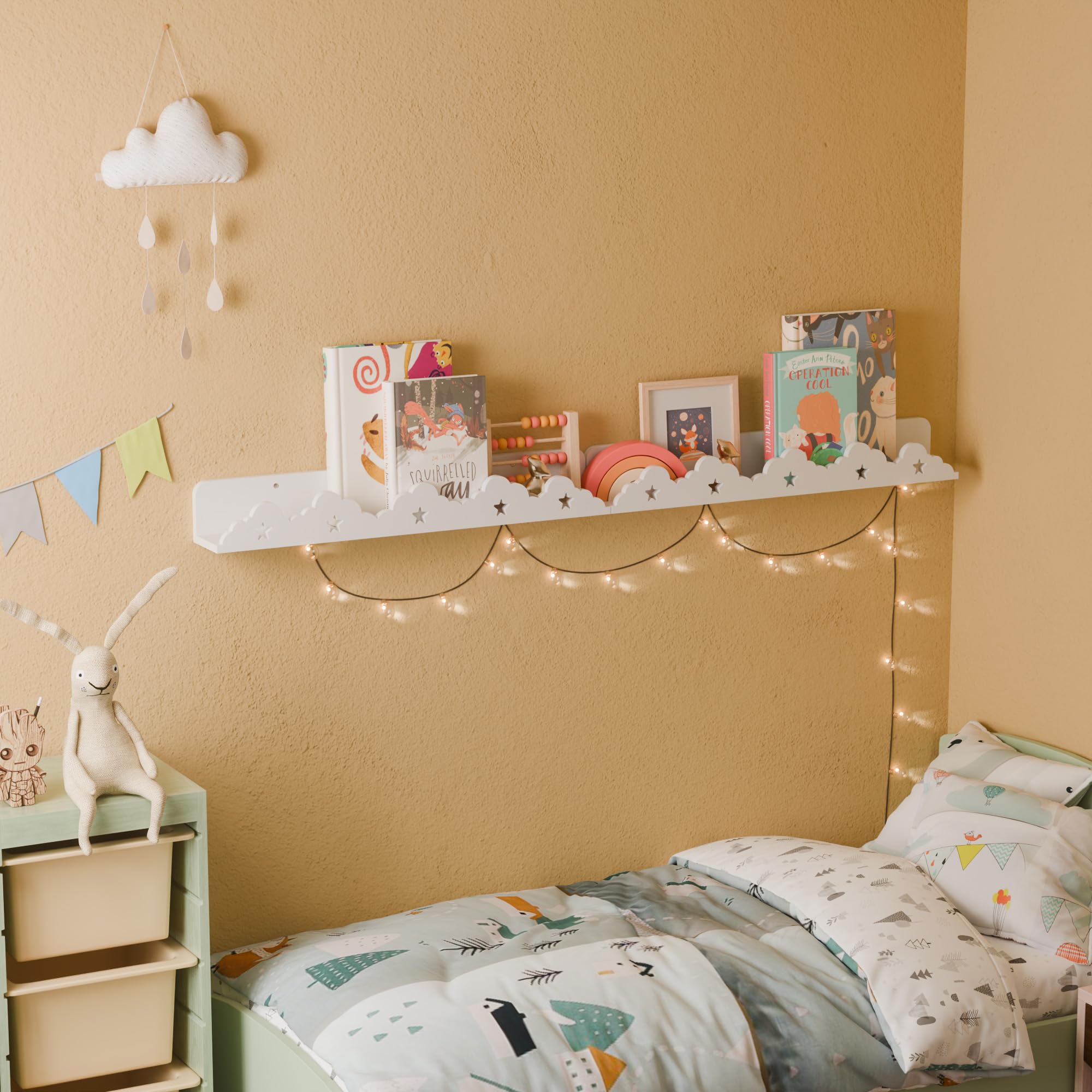 Sumbame Nursery Shelves for Wall Set of 2 - White Cloud Floating Bookshelf for Kids, 24 Inch Scalloped Picture Ledge Shelf, Display Shelf for Baby Bedroom, Nursery Decor, Baby Playroom, Toy Storage