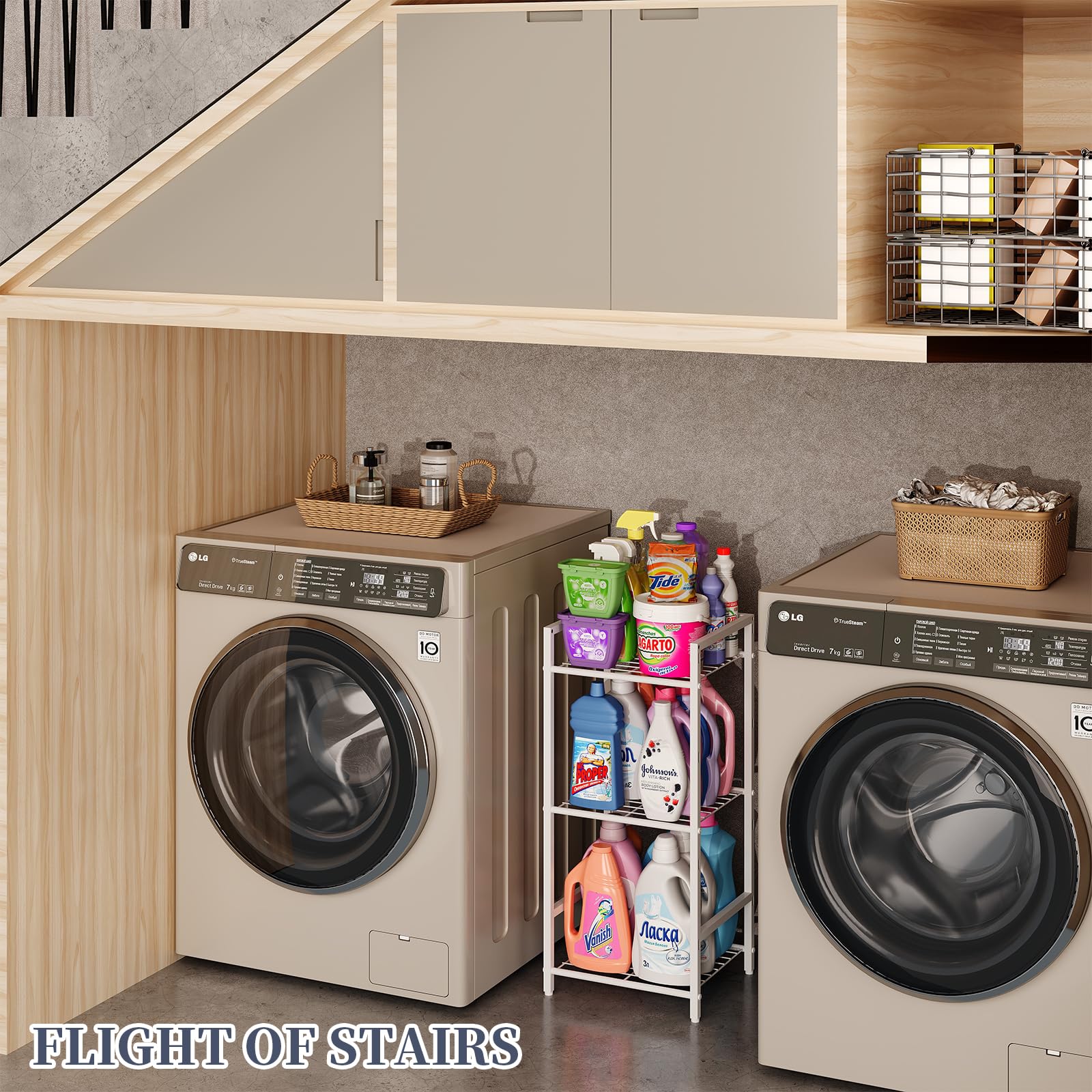 3 Tier Laundry Room Shelves,Multifunctional Shelving Units and Storage with 4 Bottles Storage Hooks and 2 Small Towel Hooks,Bearing Stronger Standing Shelf,White Laundry Room Organization Floor Shelf