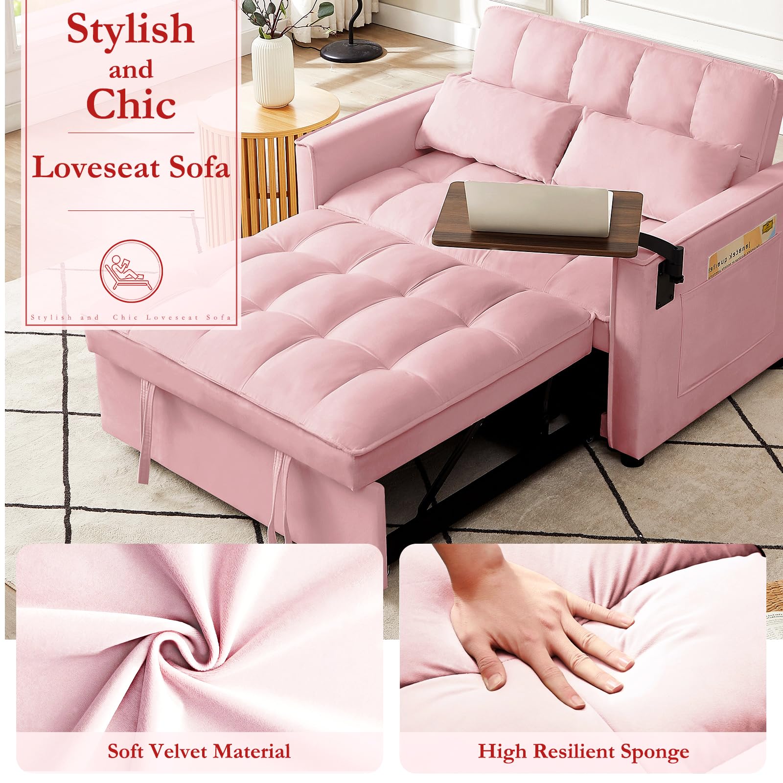 ROCKINGRUN 3 in 1 Velvet Pull Out Sofa Bed with Hidden Side Table, Convertible Loveseat Sleeper with 3 Speed Adjustable Backrest and Side Pockets, Tufted Futon Couch for Living Room Bedroom (Pink)