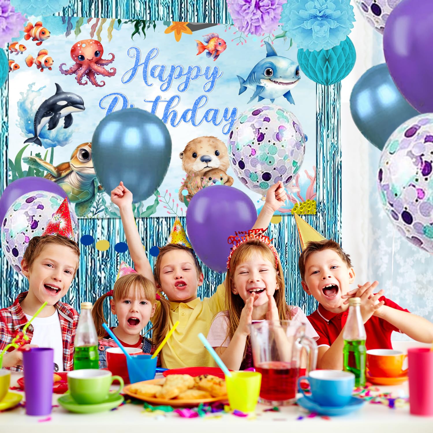 GPWXYYY Under the Sea Birthday Party Decorations, 48Pcs Turtle Theme Party Decorations Include Backdrop Banner Pom Poms Tassel Curtains Balloons for Ocean Birthday Party Decor