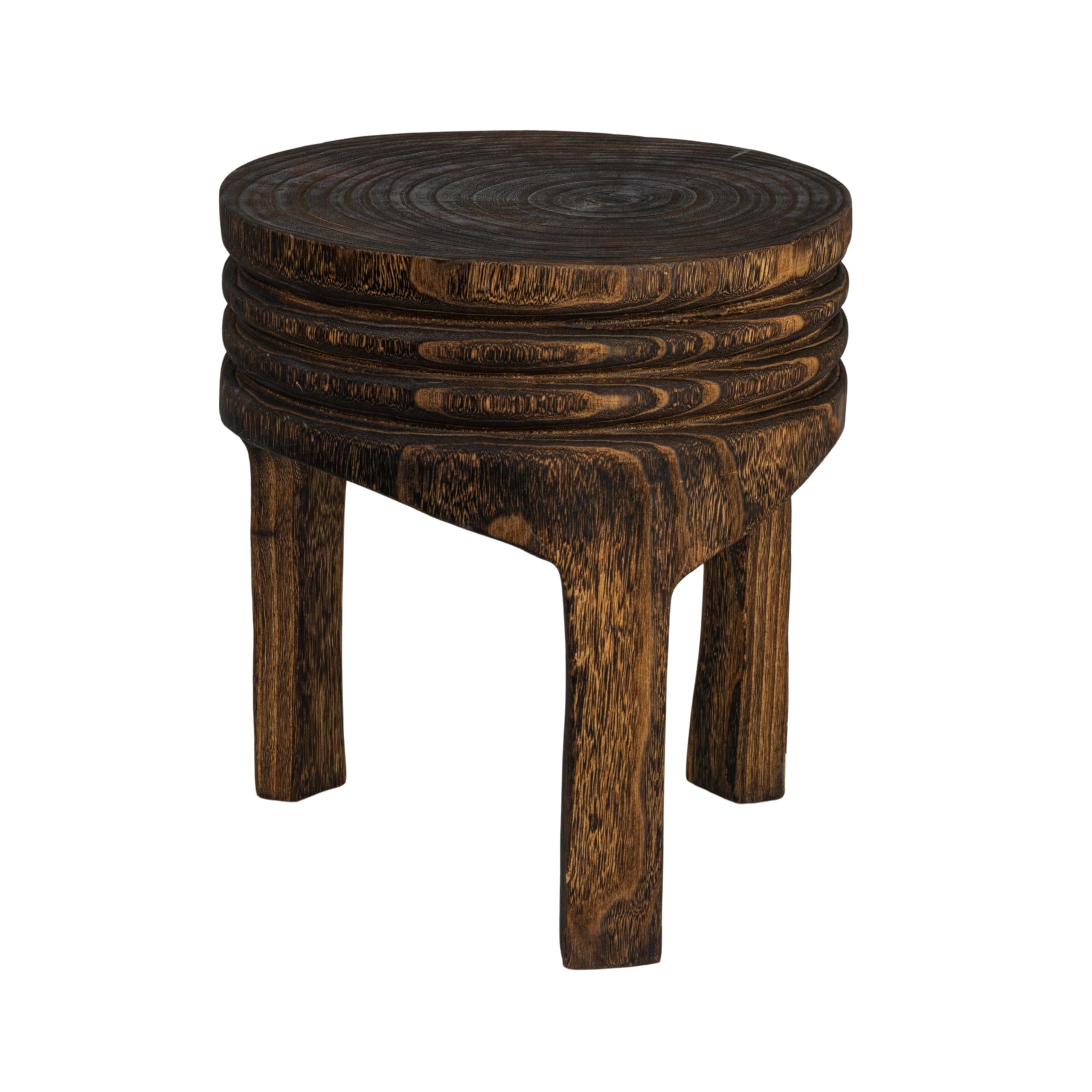 Creative Co-Op Round Paulownia Wood Carved Stool with Charred Finish, Natural