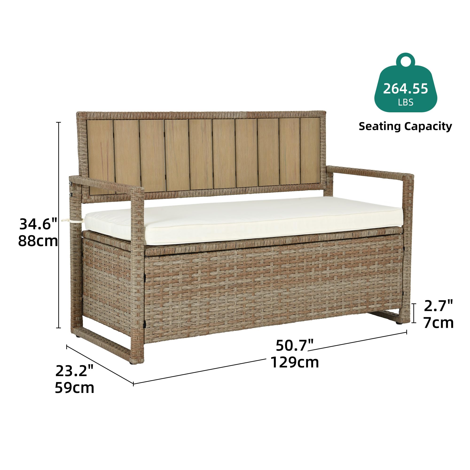 DWVO 70 Gallon Outdoor Storage Bench, Weather-Resistant Deck Box Bench, Wicker Storage with Cushion Seating for Patio, Outdoor, Pool and Garden (Tan)