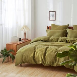 Generic Olive Green Color Linen Duvet Cover 3 PCS Set, Custard Boho Bedding Duvet Cover Uo Bedding Washed Duvet Cover Queen King Twin Double Bedding Set Linen Duvet Cover Set (California King 98X104)