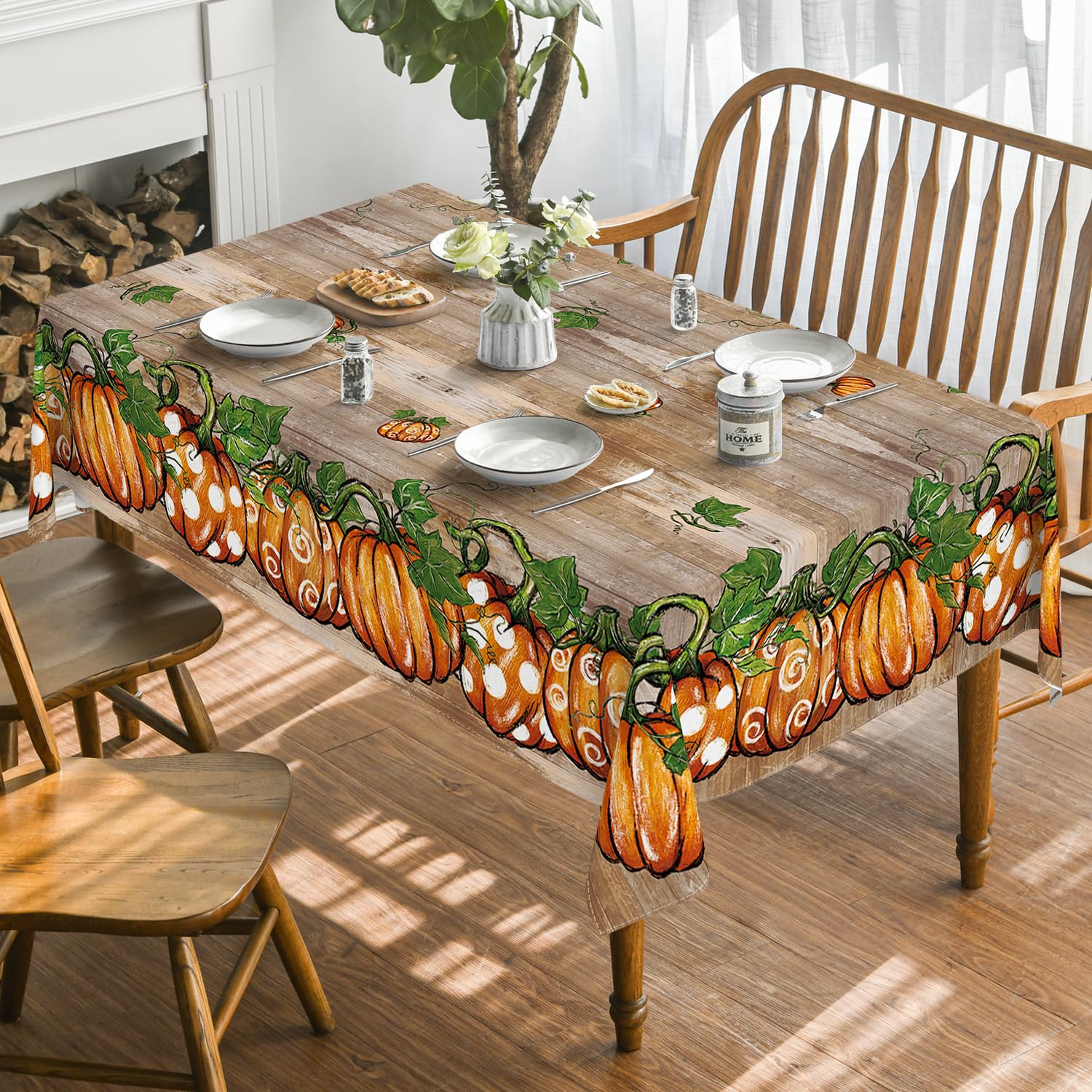 Horaldaily Fall Tablecloth 60×84 Inch Rectangular, Thanksgiving Autumn Harvest Orange Wood Plank Grain Pot Pumpkin Table Cover for Party Picnic Dinner Decor