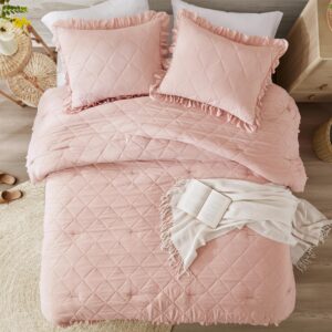 Degrees of Comfort Pink/Blush Ruffle Bedding Set, Shabby Chic Farmhouse Twin Size Comforter, Boho Fluffy Cozy Washed Microfiber Bed Sets for Girls, 3 Piece with Ruffled Pillow Shams