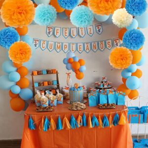 15PCS Light Aqua Blue Orange Party Hanging Paper Flowers Pom Poms Decorations for Backdrop Centerpieces Boys Girls Blue Dog Birthday Baby Shower Graduation Nursery Wall Décor