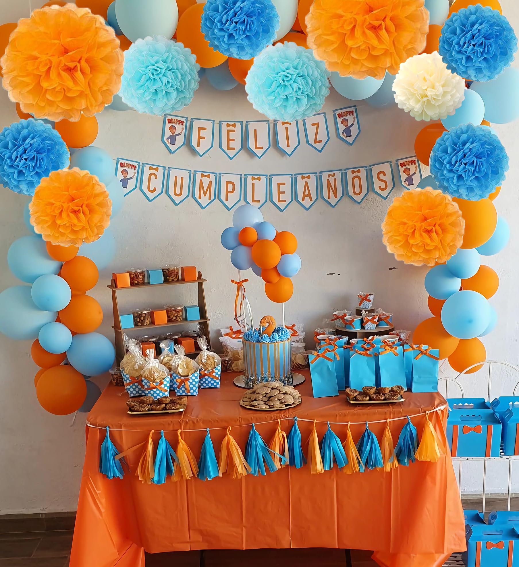 15PCS Light Aqua Blue Orange Party Hanging Paper Flowers Pom Poms Decorations for Backdrop Centerpieces Boys Girls Blue Dog Birthday Baby Shower Graduation Nursery Wall Décor