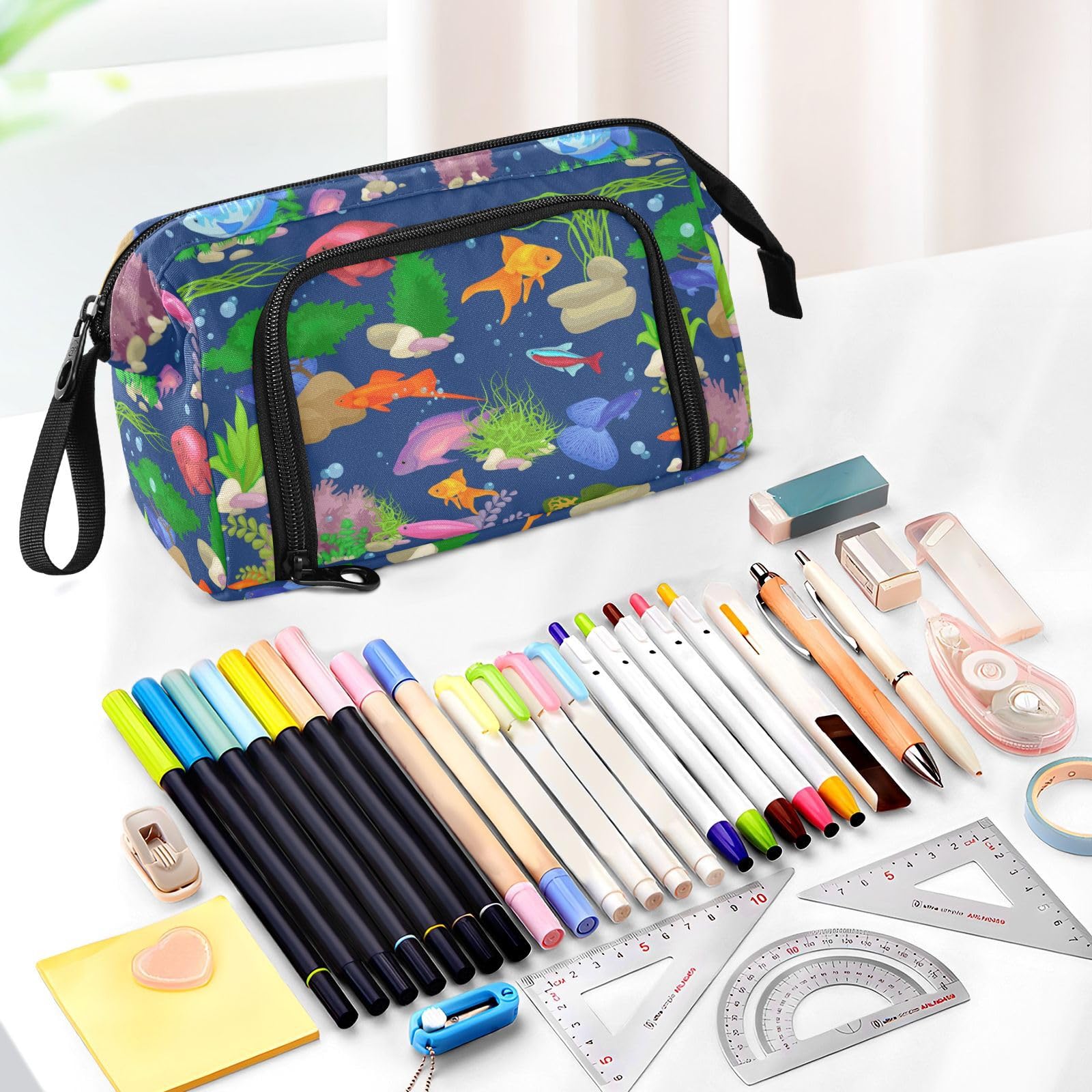 PJGINUIUA Pencil Case School Supplies Pouch, Ocean Fish Nylon Handheld Pen Bag Big Makeup Bag for Teen Boys Girls School Students