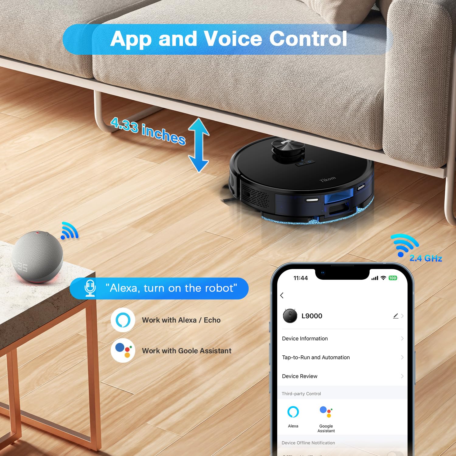 Tikom Robot Vacuum and Mop Combo with LiDAR Navigation, L9000 Robotic Vacuum Cleaner with 4000Pa Suction,150Min Max, 14 No-Go Zones, Smart Mapping, Good for Pet Hair, Carpet, Hard Floor(Dark Black)