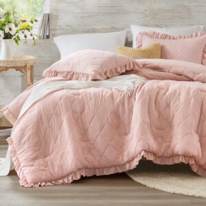 degrees of comfort pink/blush ruffle bedding set, shabby chic farmhouse twin size comforter, boho fluffy cozy washed microfiber bed sets for girls, 3 piece with ruffled pillow shams