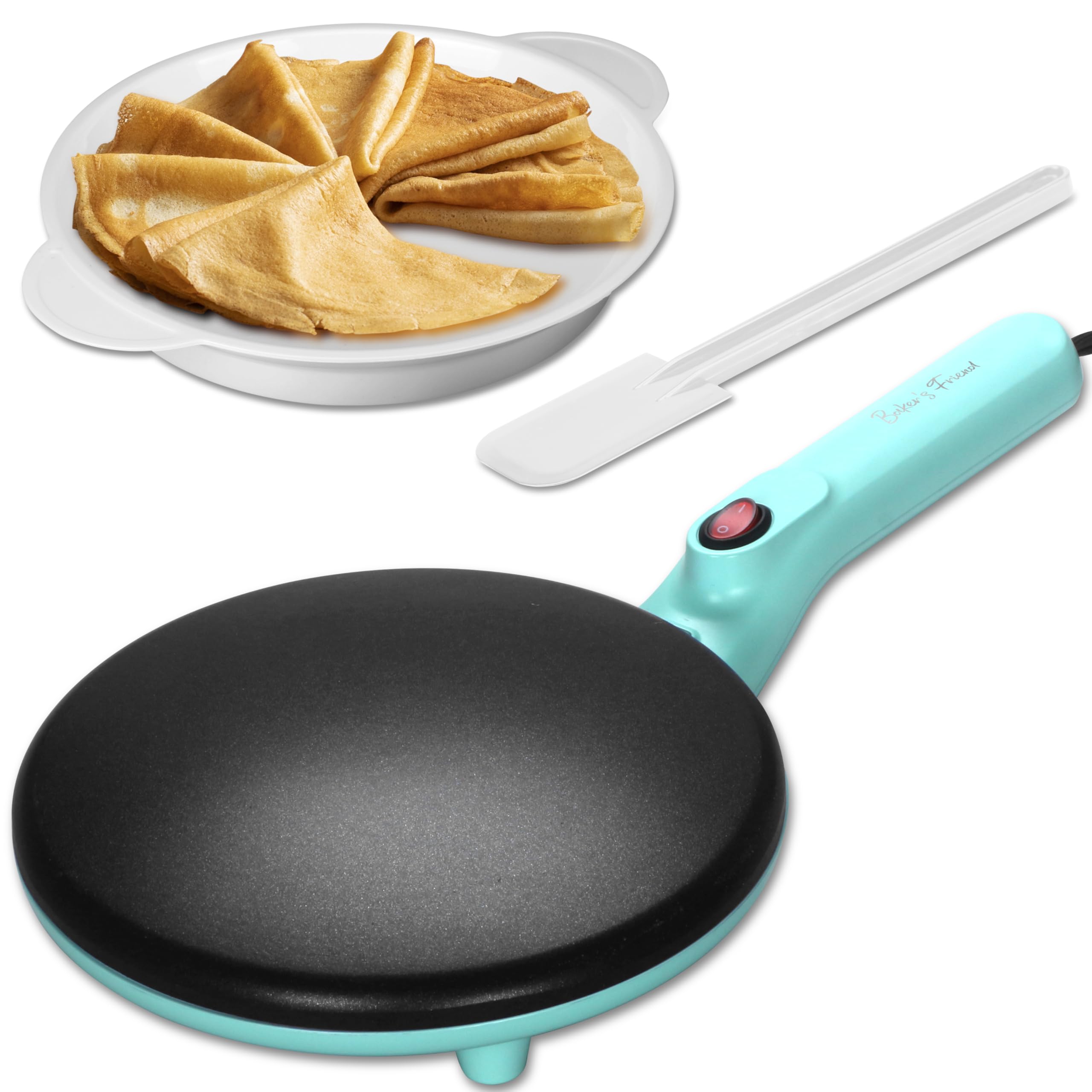 Baker's Friend Instant Crepe Maker with Handle, Electric Crepe Maker Machine, Crepera Electrica, 8 Inch Non-stick Cooking Surface, Aqua